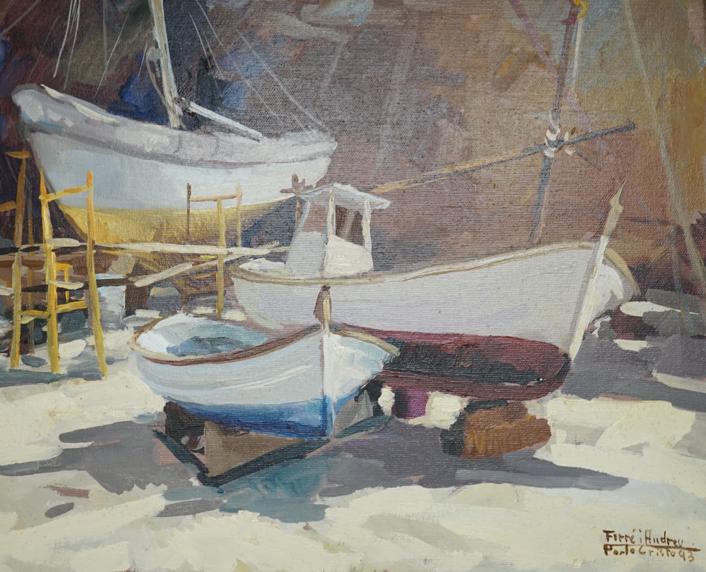 Furre i Audreu, oil on canvas, Harbour view with beached fishing boats, Porto Cristo, signed and dated '93, 37 x 44cm. Condition - good